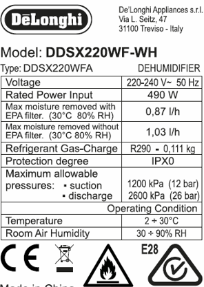 Deshumidificador Delonghi DDSX220WFA