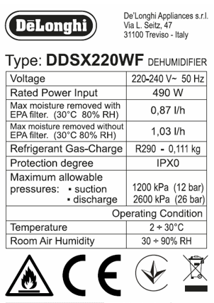 deshumidificador delonghi 12l/24h 55m2 r290 2.1l/continuo - DEX212SF -  delonghi 